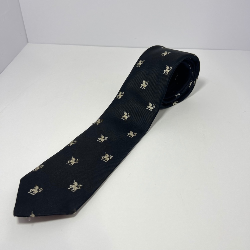 Vintage Pride of England Black Unicorn Tie Silk Polo Crest Preppy Dark Heraldic